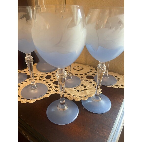 Beautiful Frosted Blue Etched Decanter and Wine Glasses - Picture 2 of 12